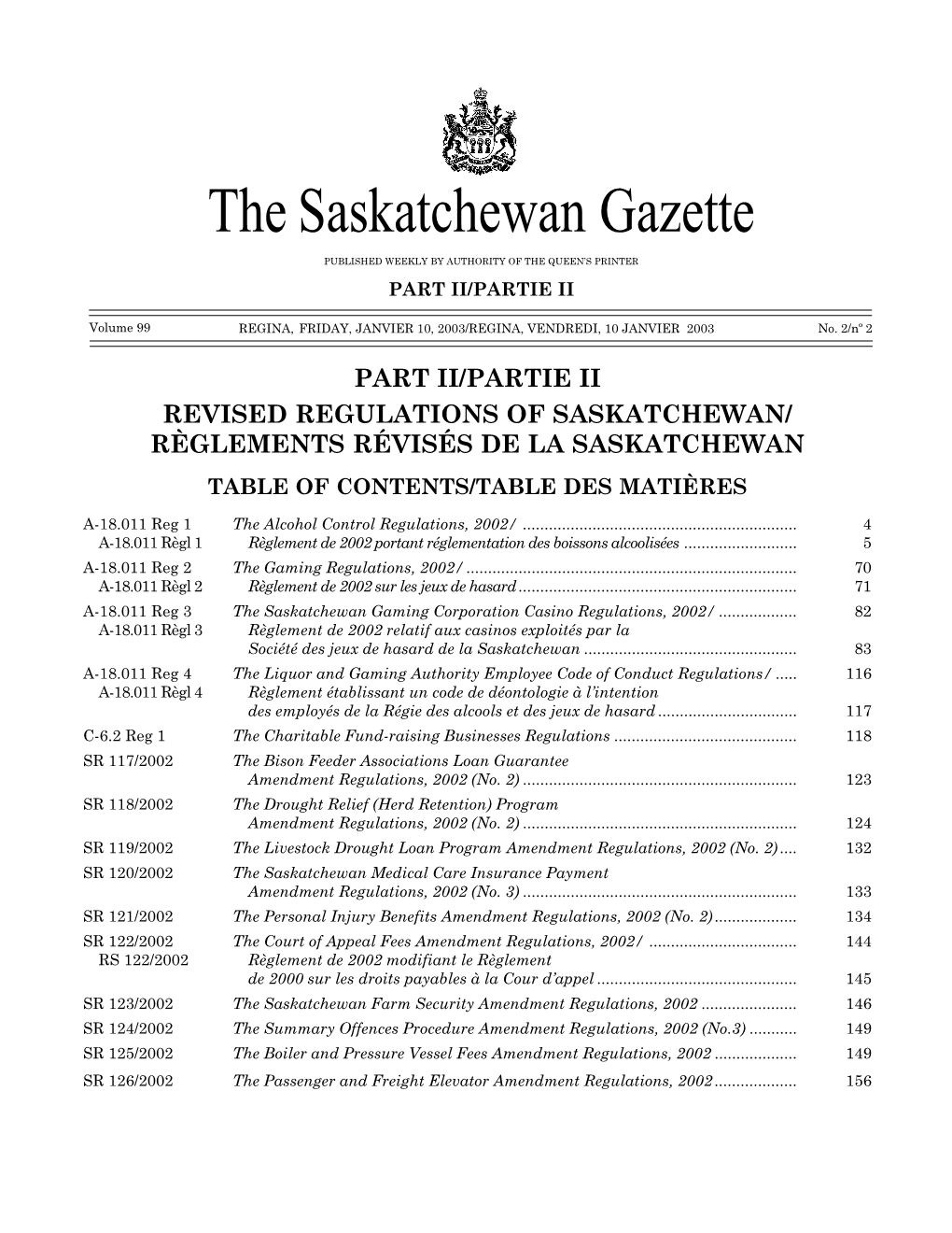 Sask Gazette, Part II, Jan 10, 2003