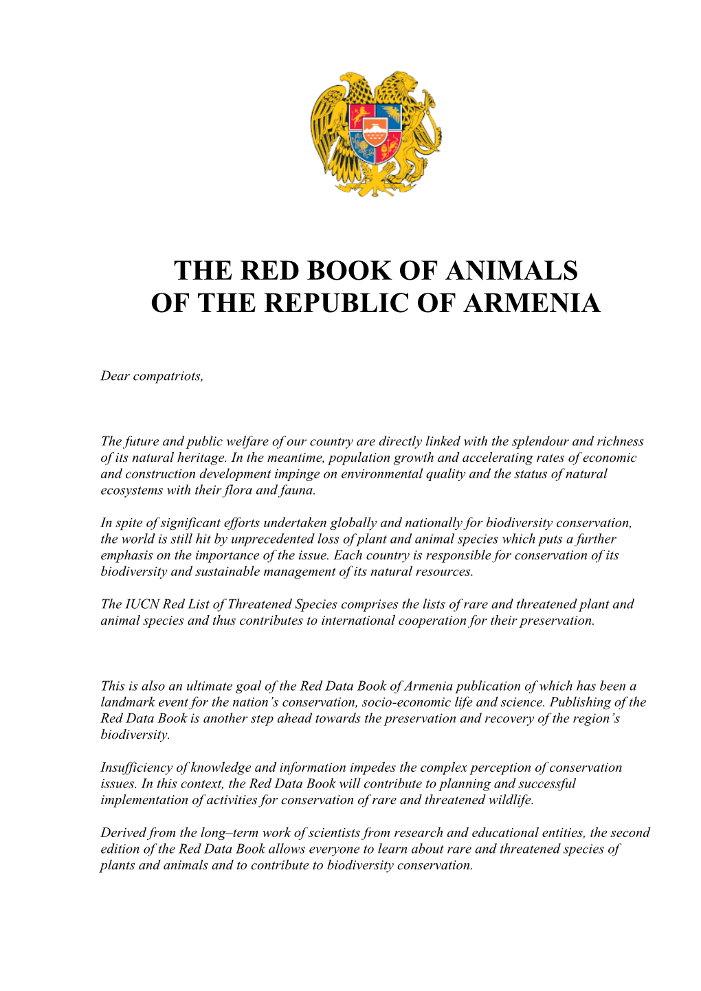 The Red Book of Animals of the Republic of Armenia