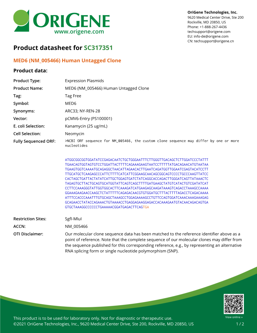 MED6 (NM 005466) Human Untagged Clone – SC317351 | Origene