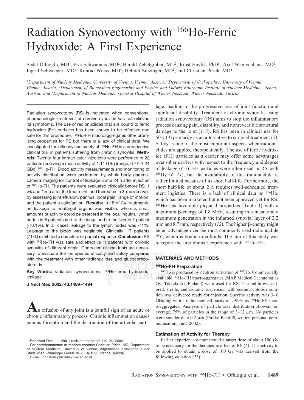 Radiation Synovectomy with 166Ho-Ferric Hydroxide: a First Experience