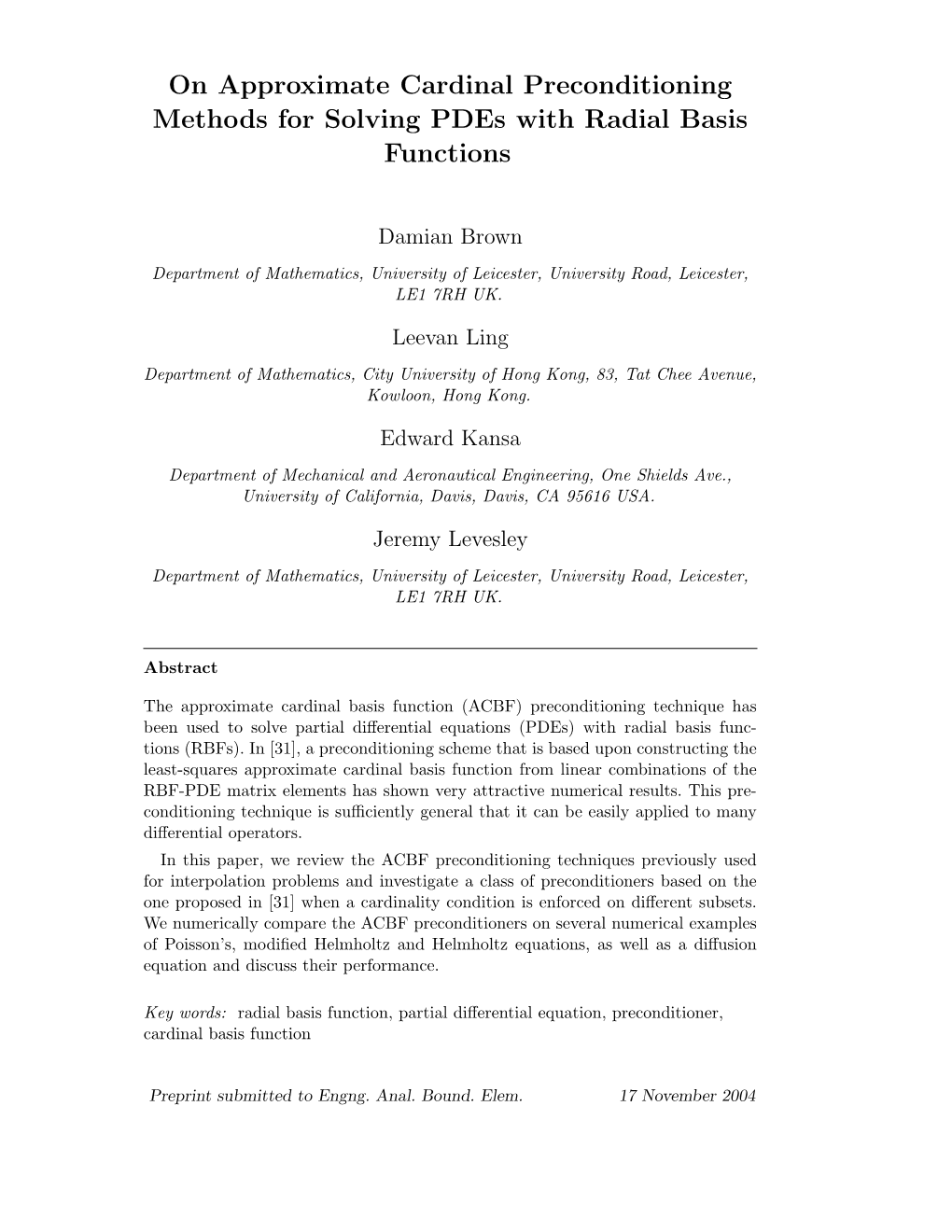 On Approximate Cardinal Preconditioning Methods for Solving Pdes with Radial Basis Functions