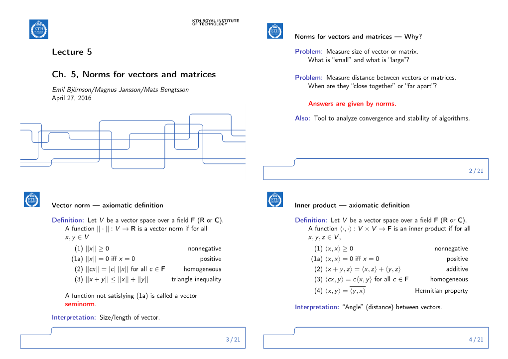 Lecture 5 Ch. 5, Norms for Vectors and Matrices