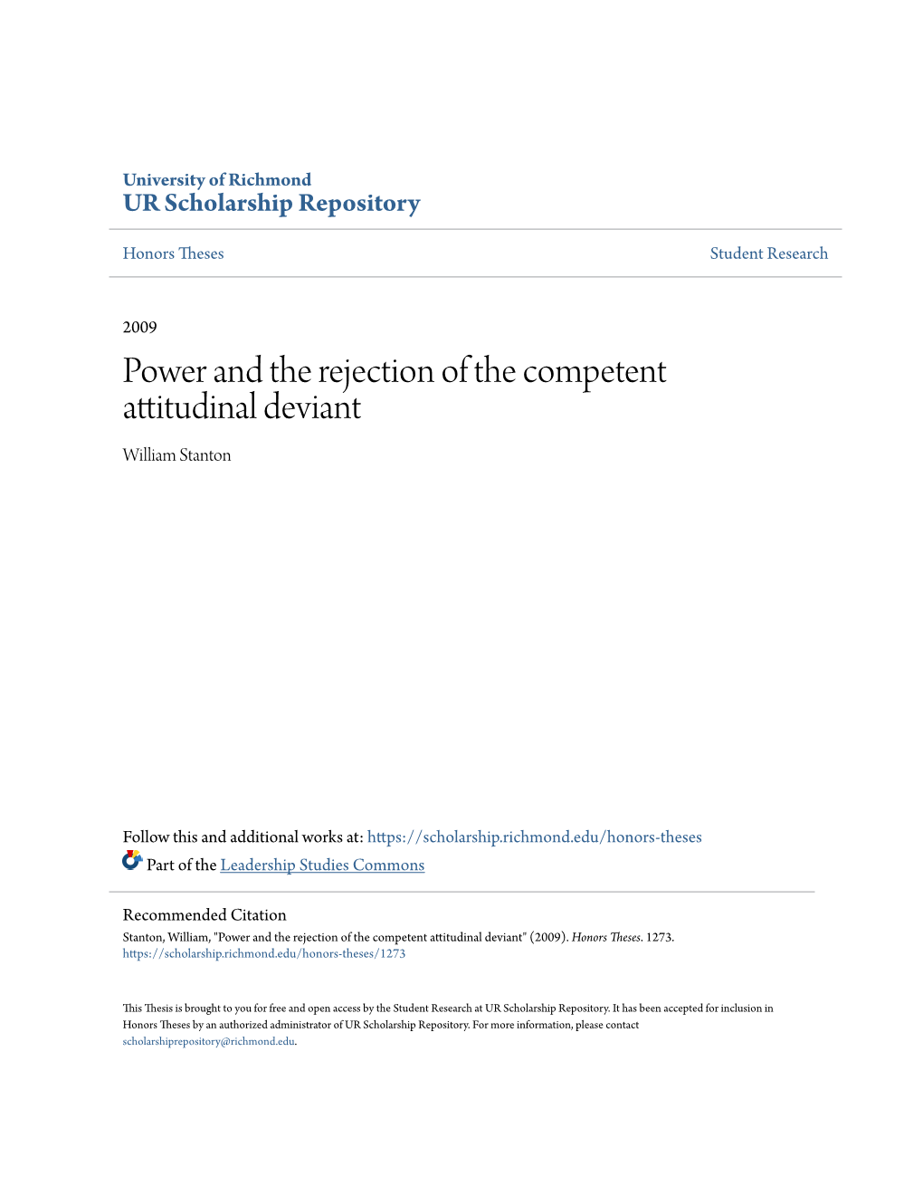 Power and the Rejection of the Competent Attitudinal Deviant William Stanton