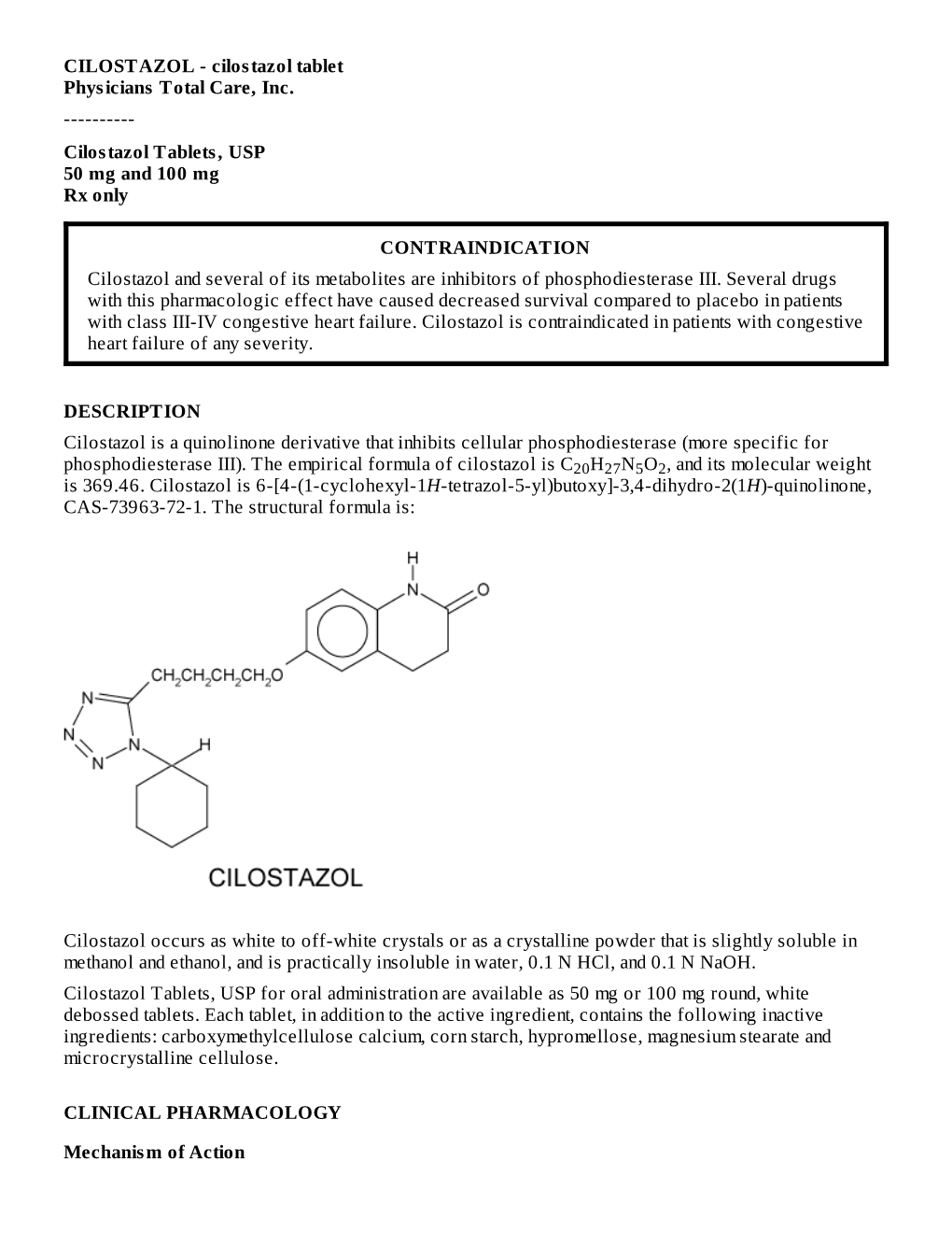 Cilostazol Tablets, USP50 Mg and 100 Mgrx Only