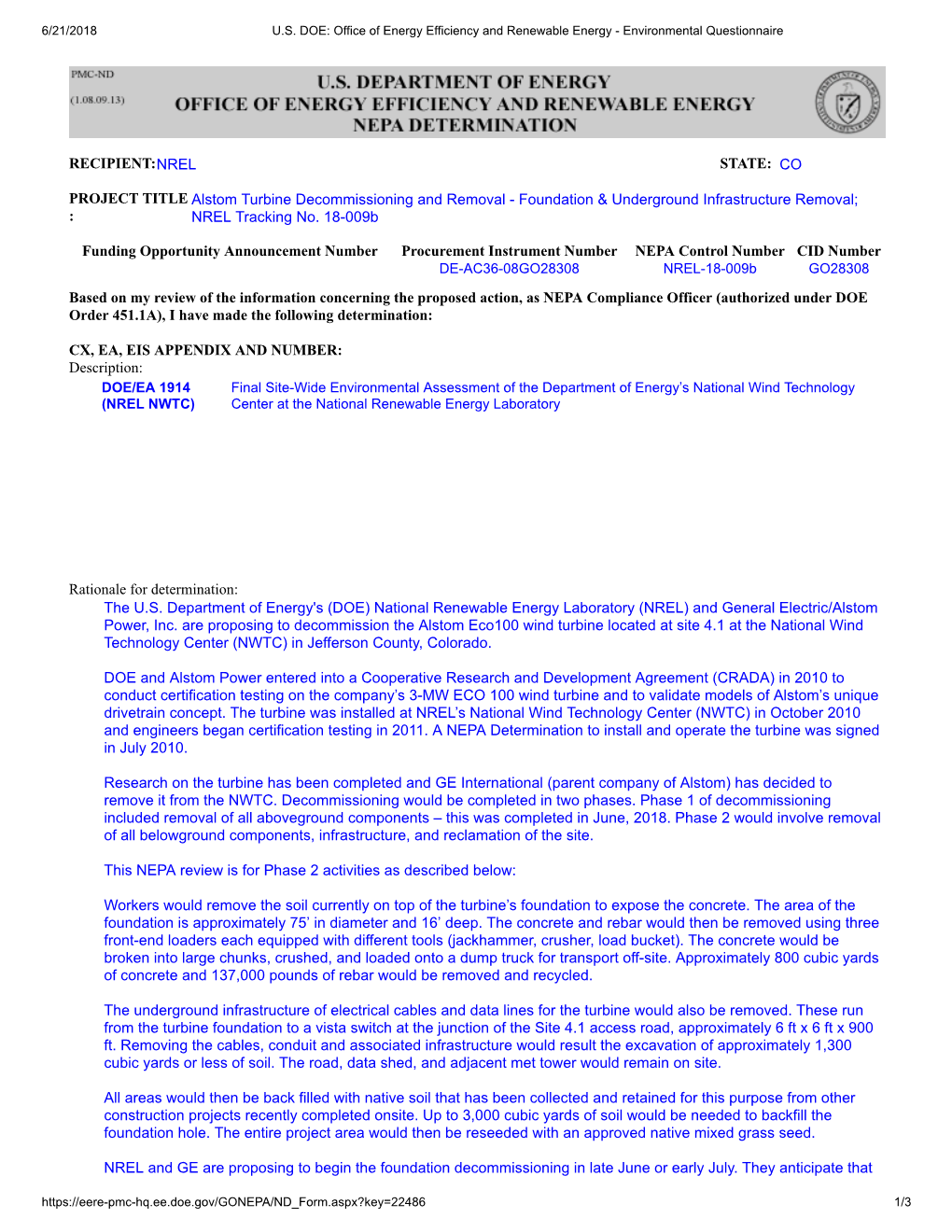 Alstom Turbine Decommissioning and Removal - Foundation & Underground Infrastructure Removal; : NREL Tracking No