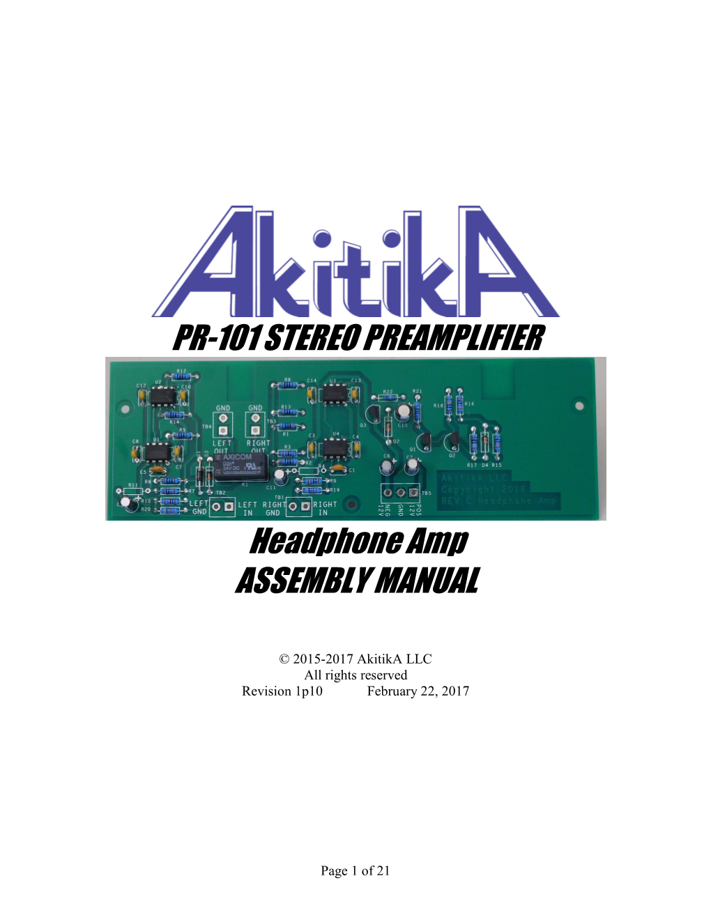 PR-101 STEREO PREAMPLIFIER Headphone Amp ASSEMBLY MANUAL