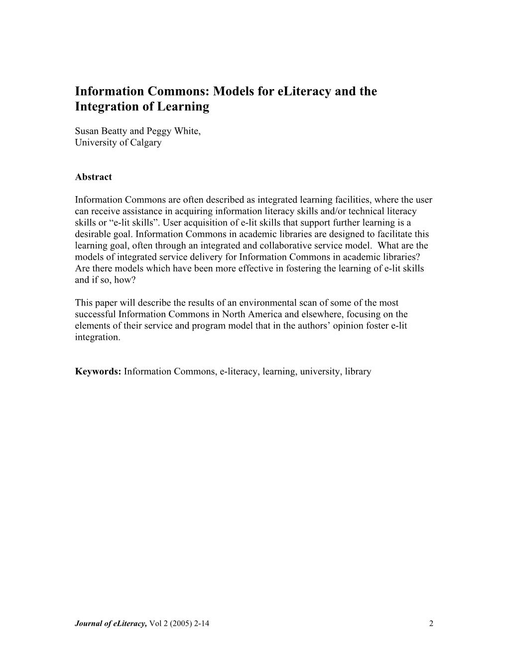 Information Commons: Models for Eliteracy and the Integration of Learning