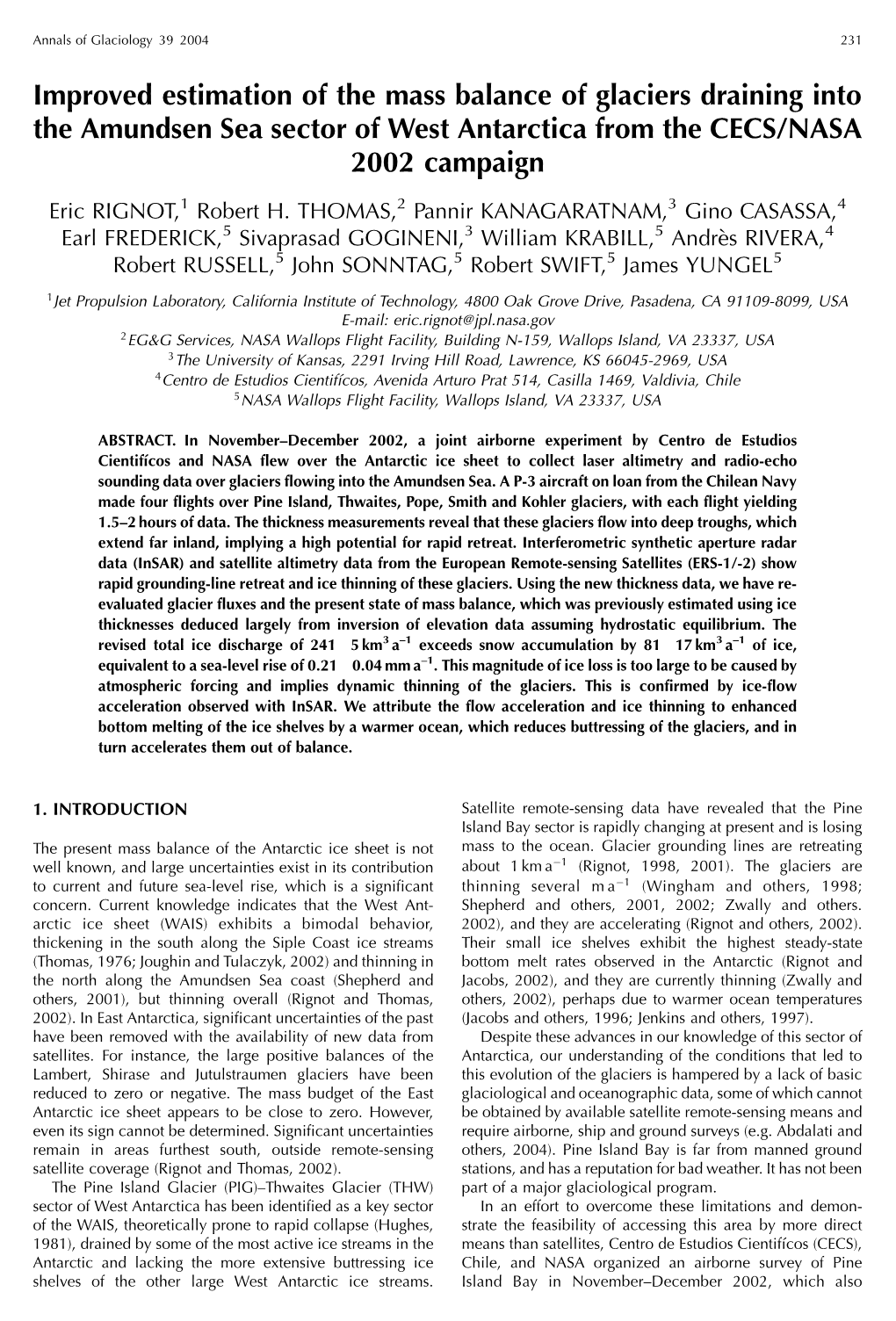 Improved Estimation of the Mass Balance of Glaciers Draining Into the Amundsen Sea Sector of West Antarctica from the CECS/NASA 2002 Campaign