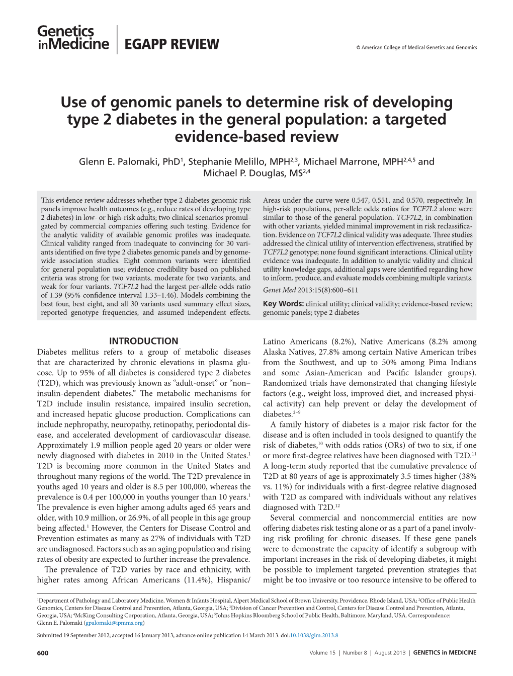 Use of Genomic Panels to Determine Risk of Developing Type 2 Diabetes in the General Population: a Targeted Evidence-Based Review