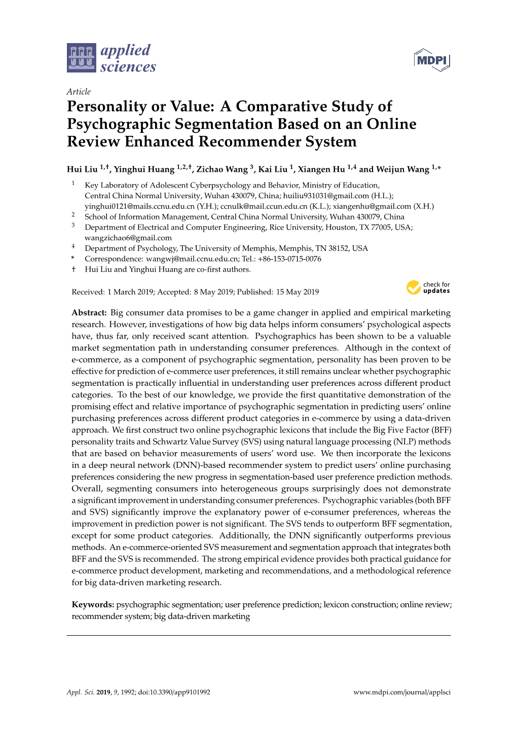 Personality Or Value: a Comparative Study of Psychographic Segmentation Based on an Online Review Enhanced Recommender System