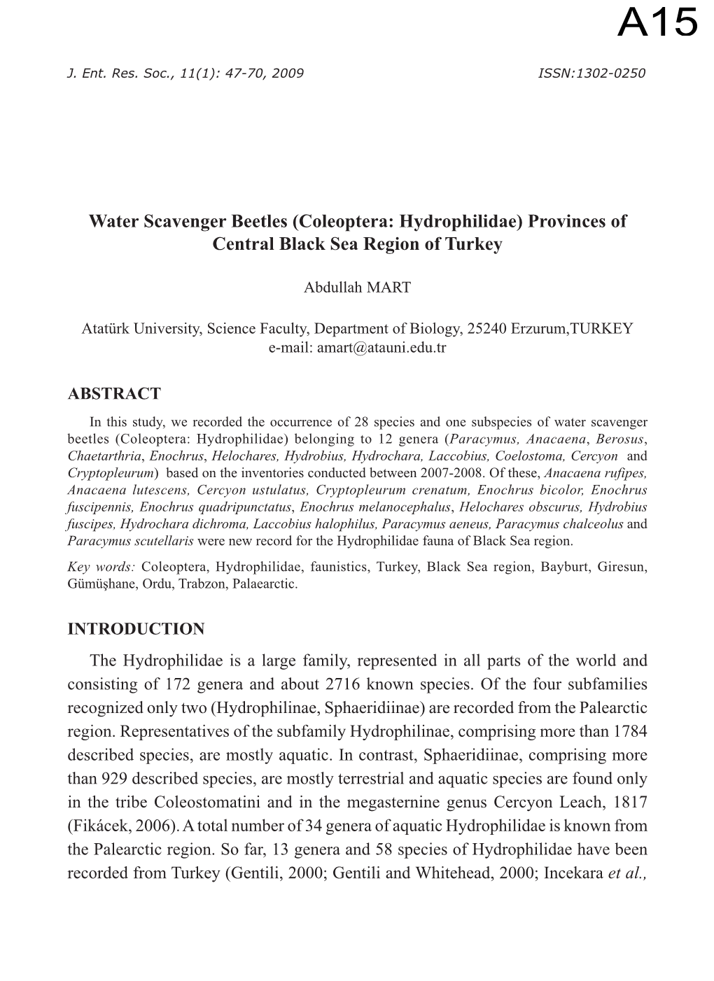 (Coleoptera: Hydrophilidae) Provinces of Central Black Sea Region of Turkey