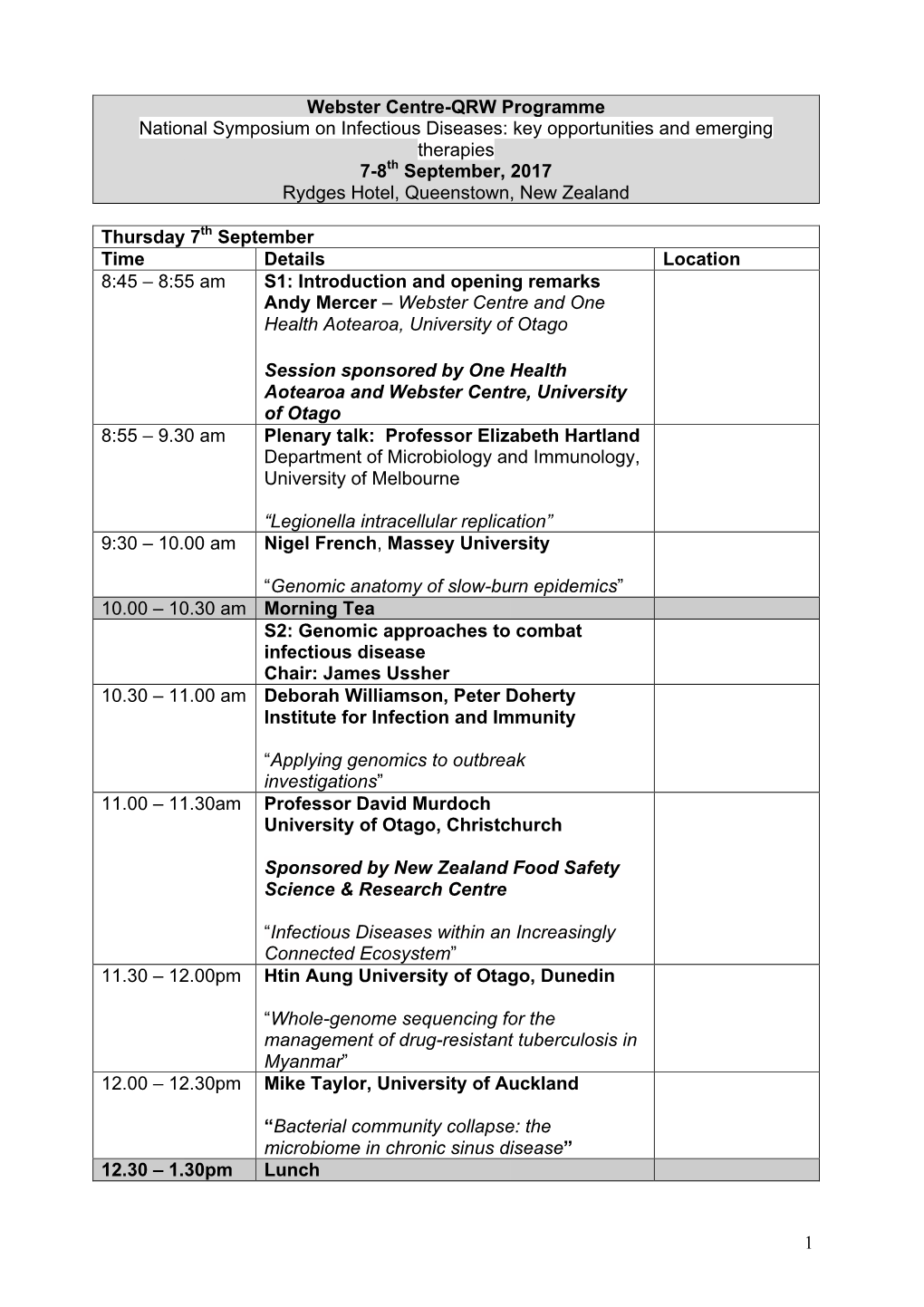 1 Webster Centre-QRW Programme National Symposium on Infectious Diseases: Key Opportunities and Emerging Therapies 7-8Th Septemb