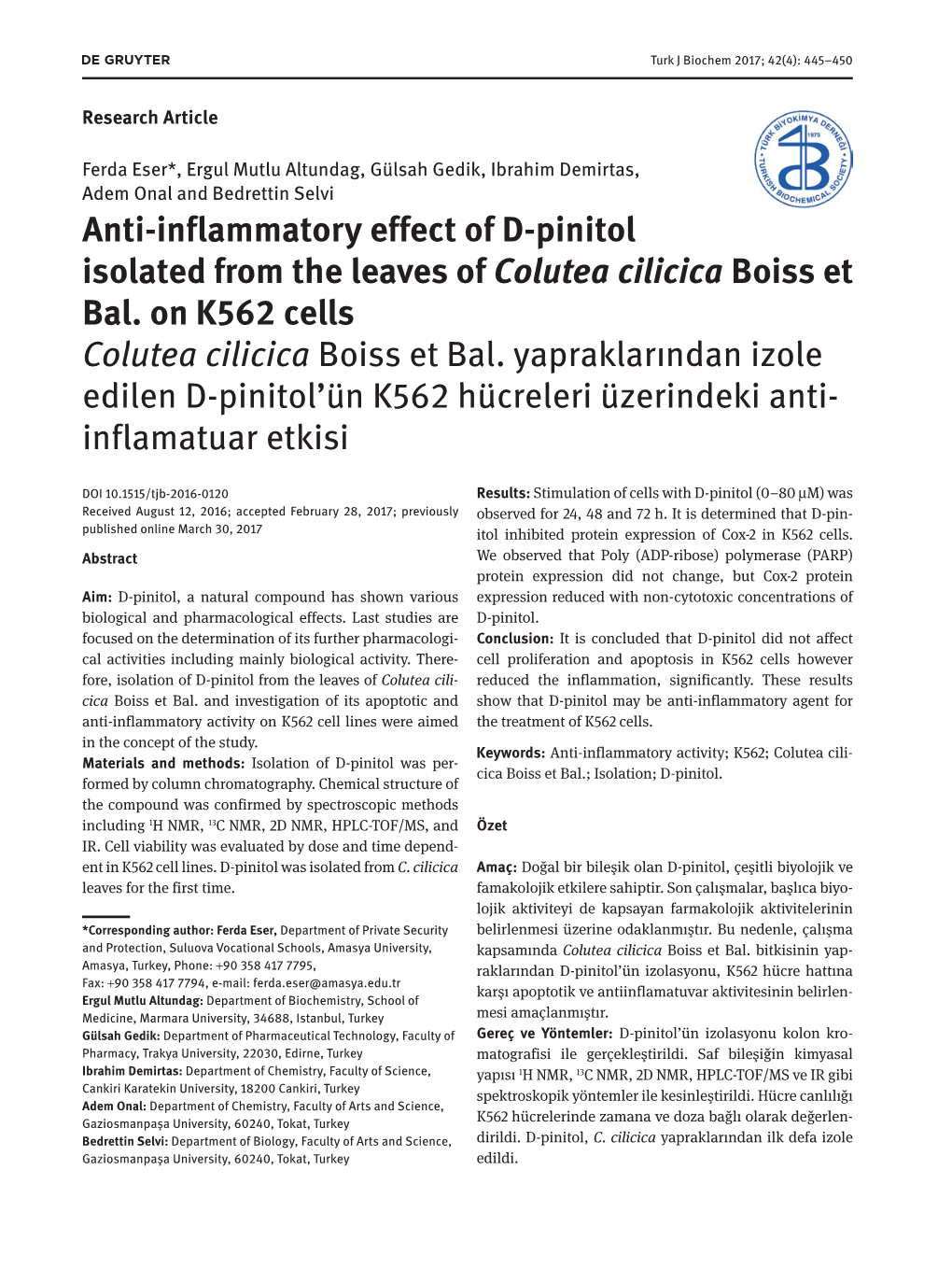 Anti-Inflammatory Effect of D-Pinitol Isolated from the Leaves of Colutea Cilicica Boiss Et Bal. on K562 Cells Colutea Cilicica Boiss Et Bal