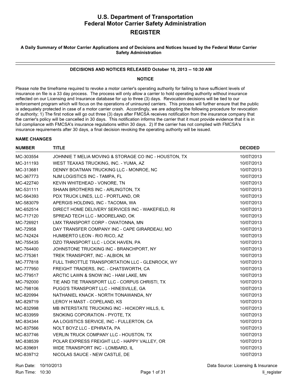 U.S. Department of Transportation Federal Motor Carrier Safety Administration REGISTER