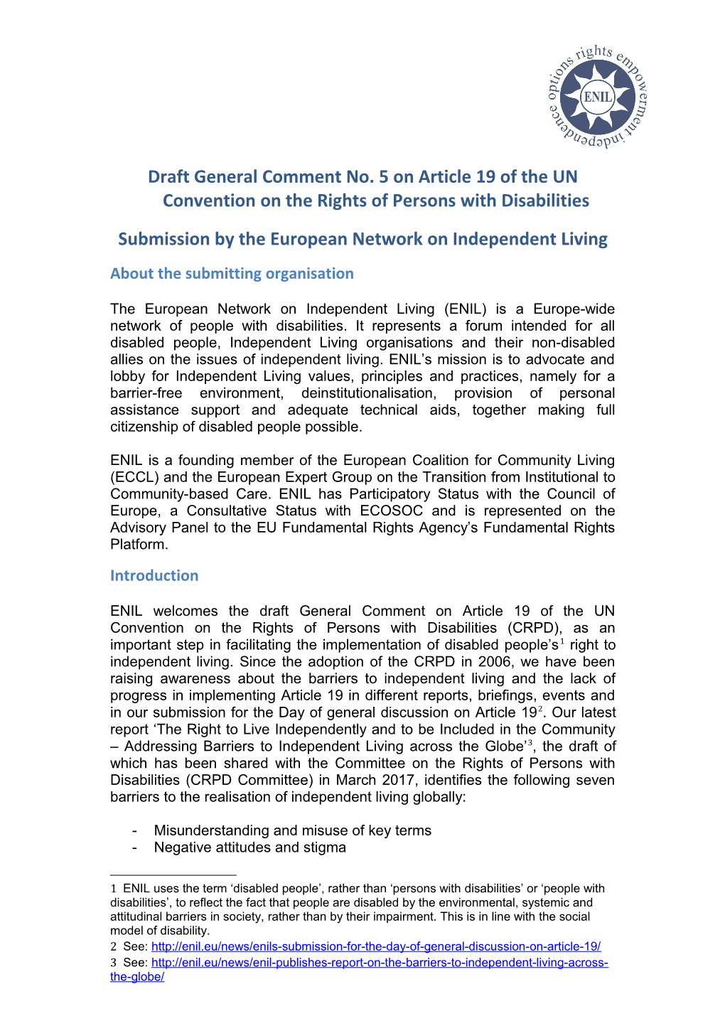 Draft General Comment No. 5 on Article 19 of the UN Convention on the Rights of Persons