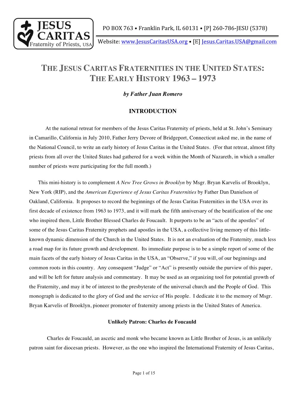 The Jesus Caritas Fraternities in the United States: the Early History 1963 – 1973