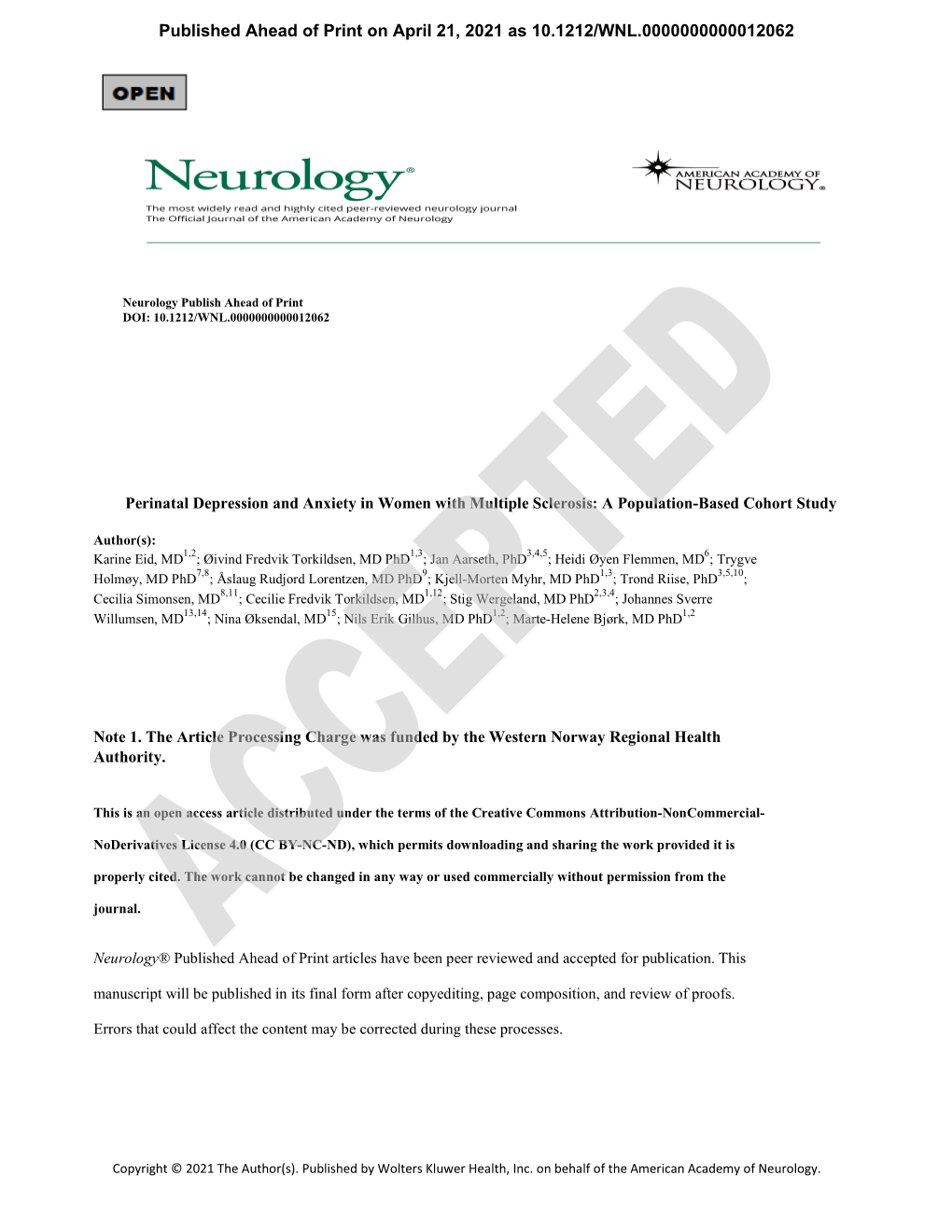 Perinatal Depression and Anxiety in Women with Multiple Sclerosis: a Population-Based Cohort Study