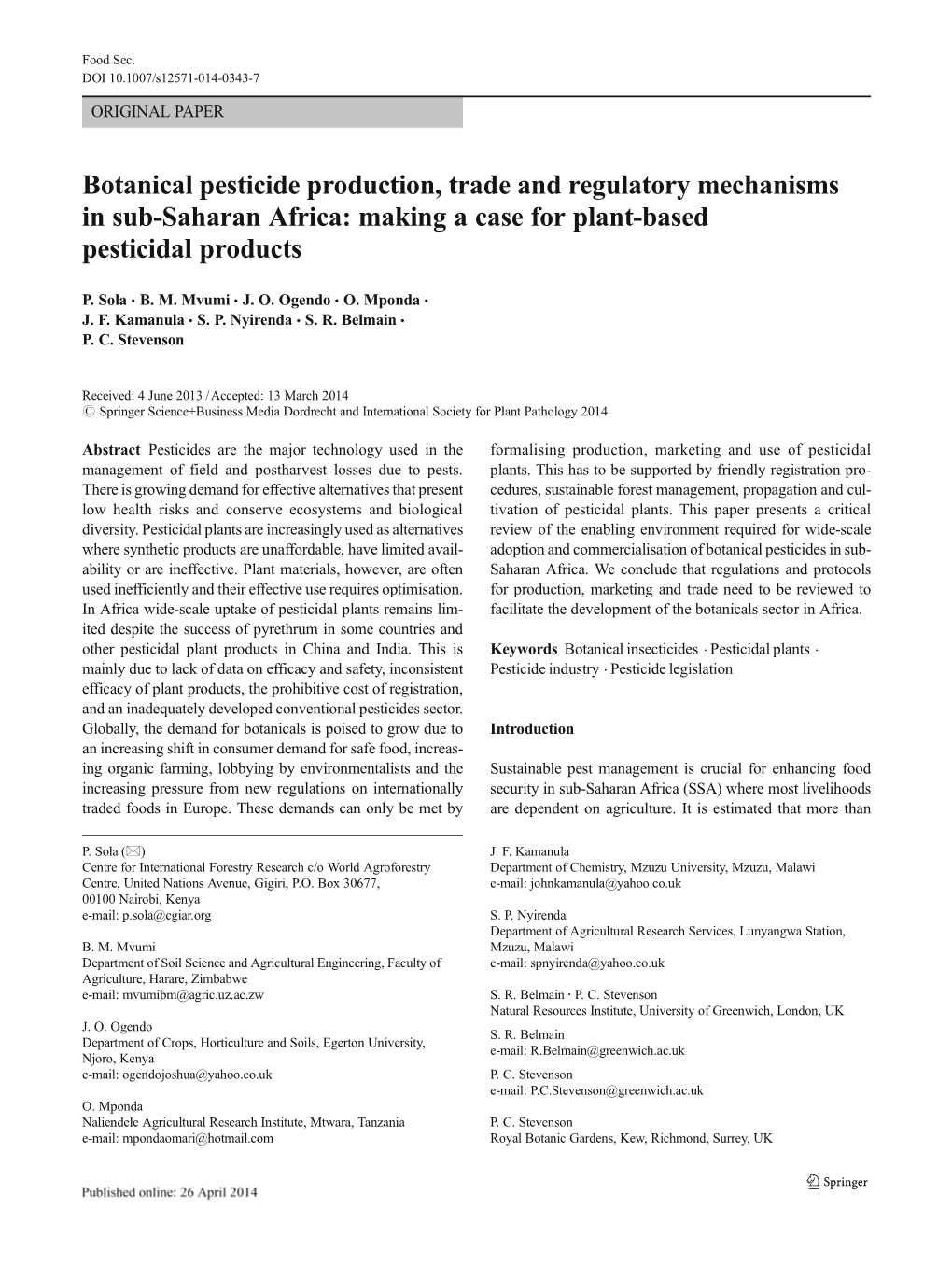 Botanical Pesticide Production, Trade and Regulatory Mechanisms in Sub-Saharan Africa: Making a Case for Plant-Based Pesticidal Products