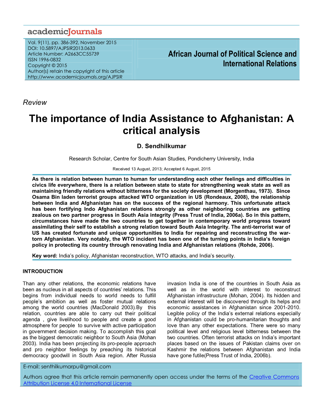 The Importance of India Assistance to Afghanistan: a Critical Analysis