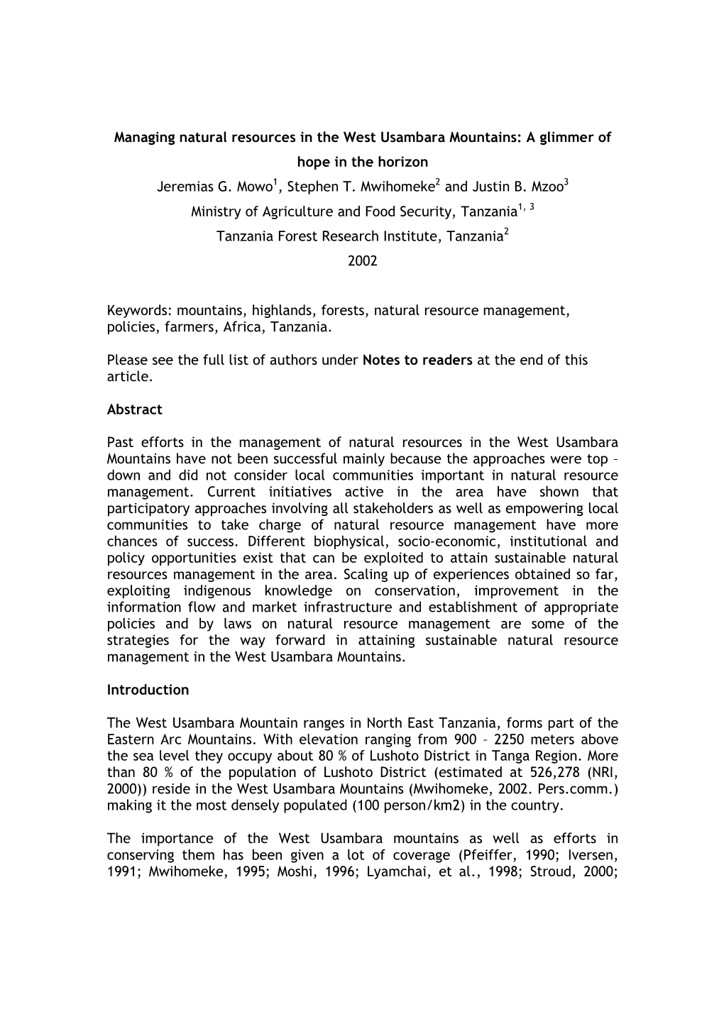 Managing Natural Resources in the West Usambara Mountains: a Glimmer of Hope in the Horizon Jeremias G