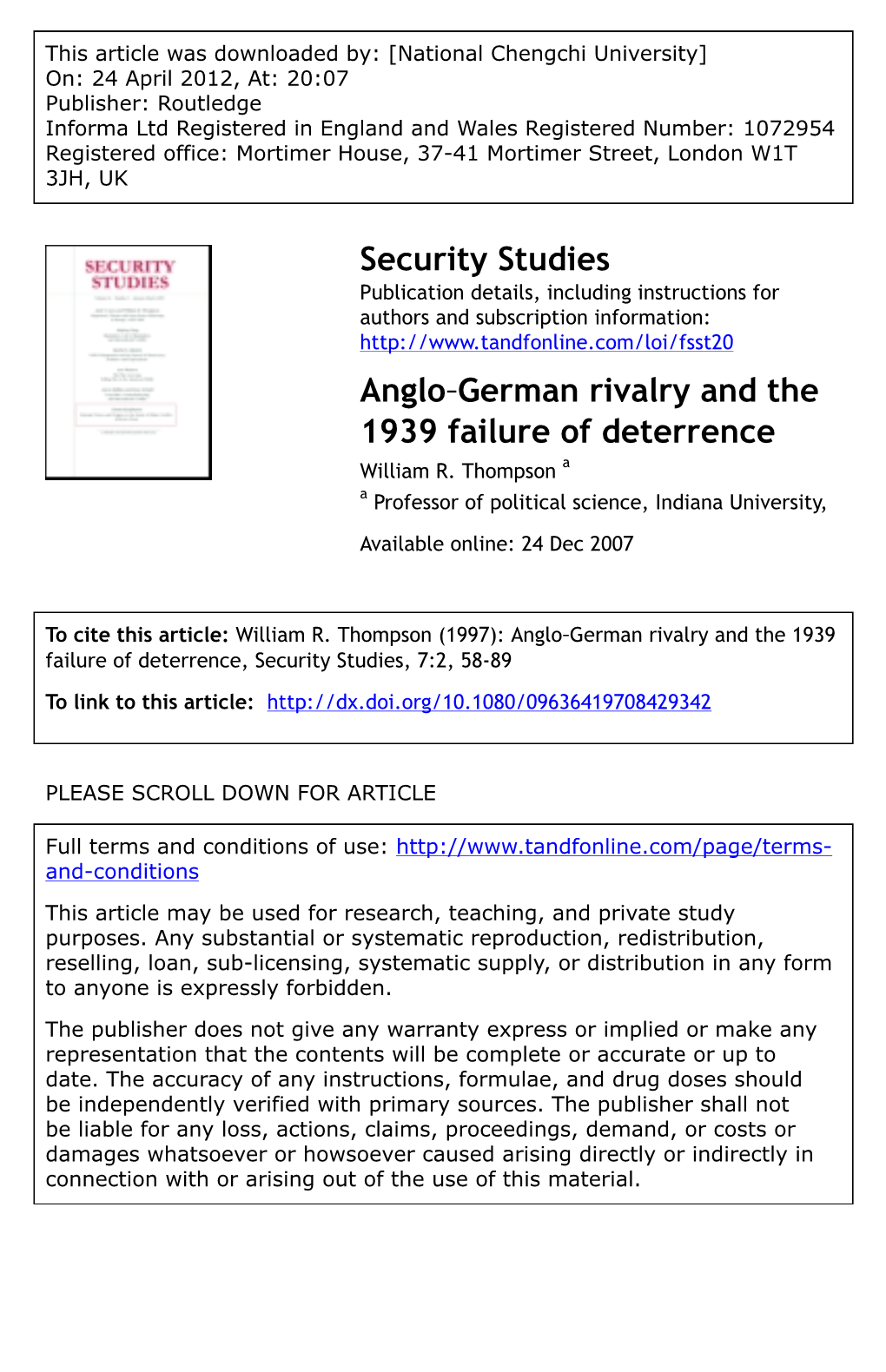 Anglo‐German Rivalry and the 1939 Failure of Deterrence William R