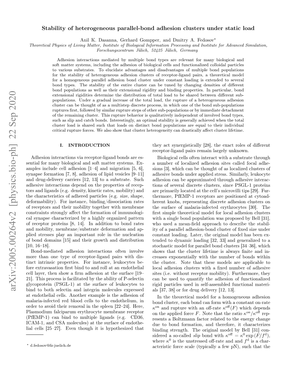 Stability of Heterogeneous Parallel-Bond Adhesion Clusters Under Static Load