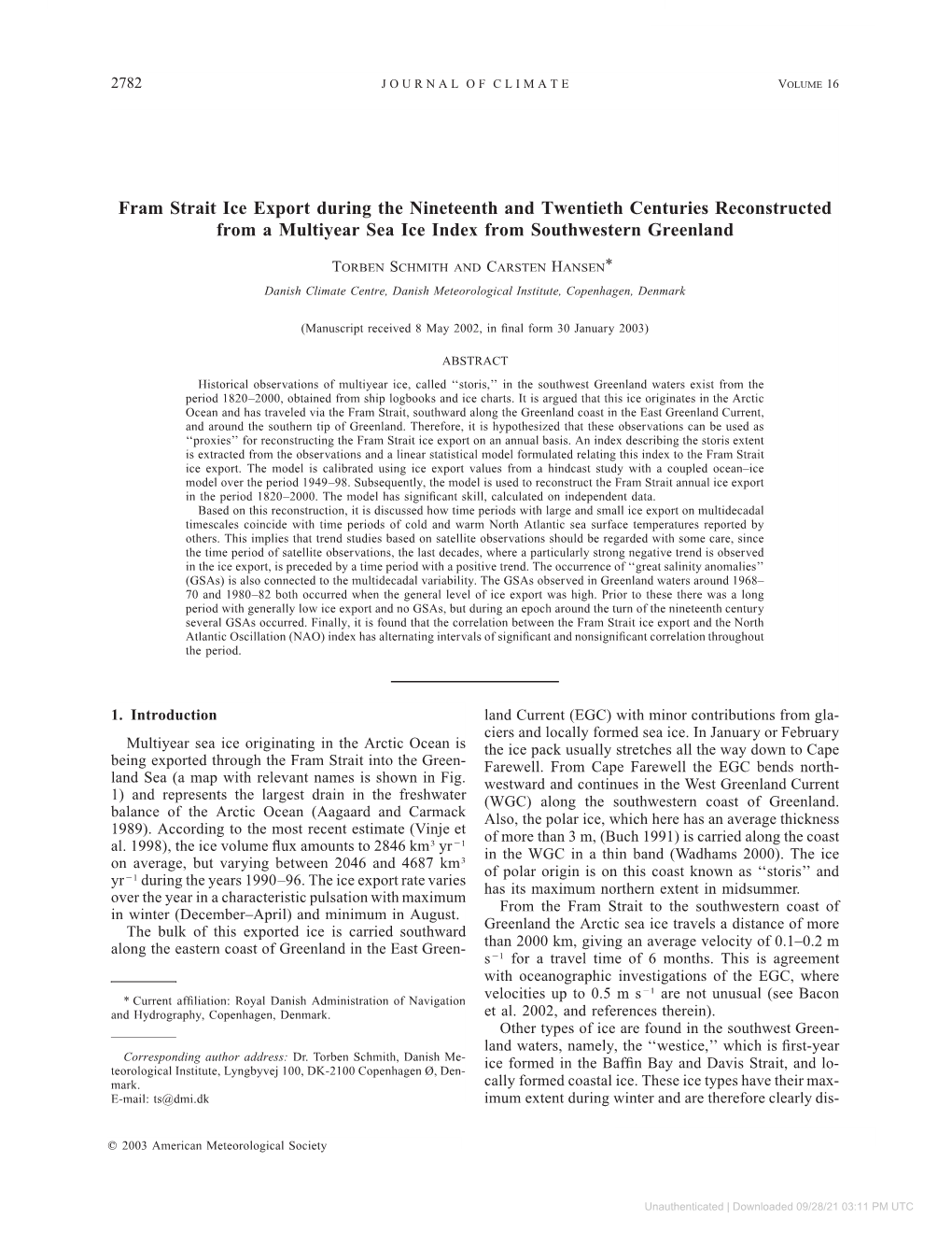 Fram Strait Ice Export During the Nineteenth and Twentieth Centuries Reconstructed from a Multiyear Sea Ice Index from Southwestern Greenland