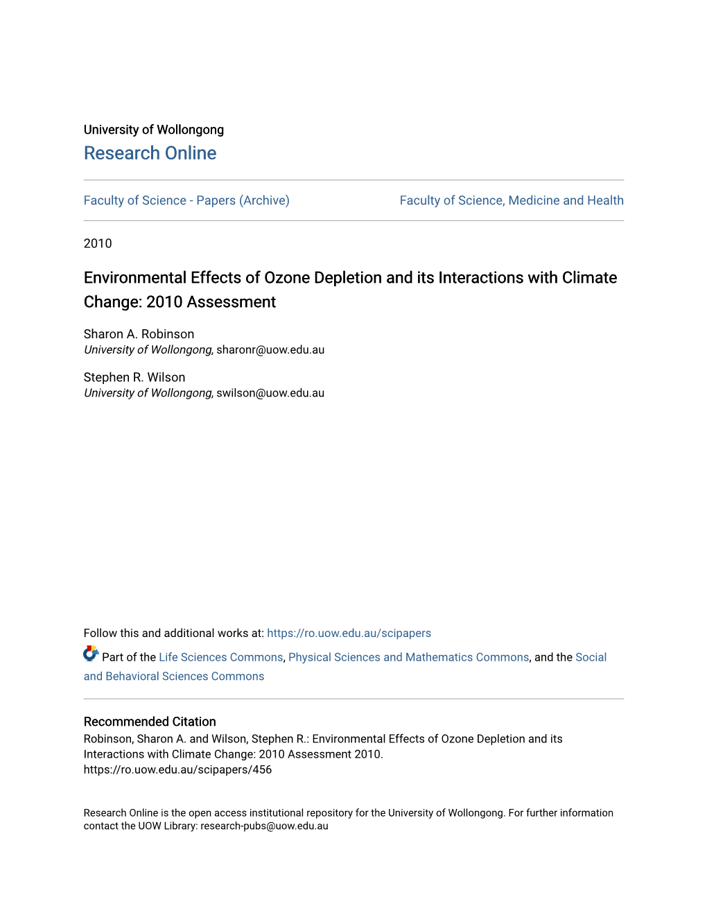 Environmental Effects of Ozone Depletion and Its Interactions with Climate Change: 2010 Assessment