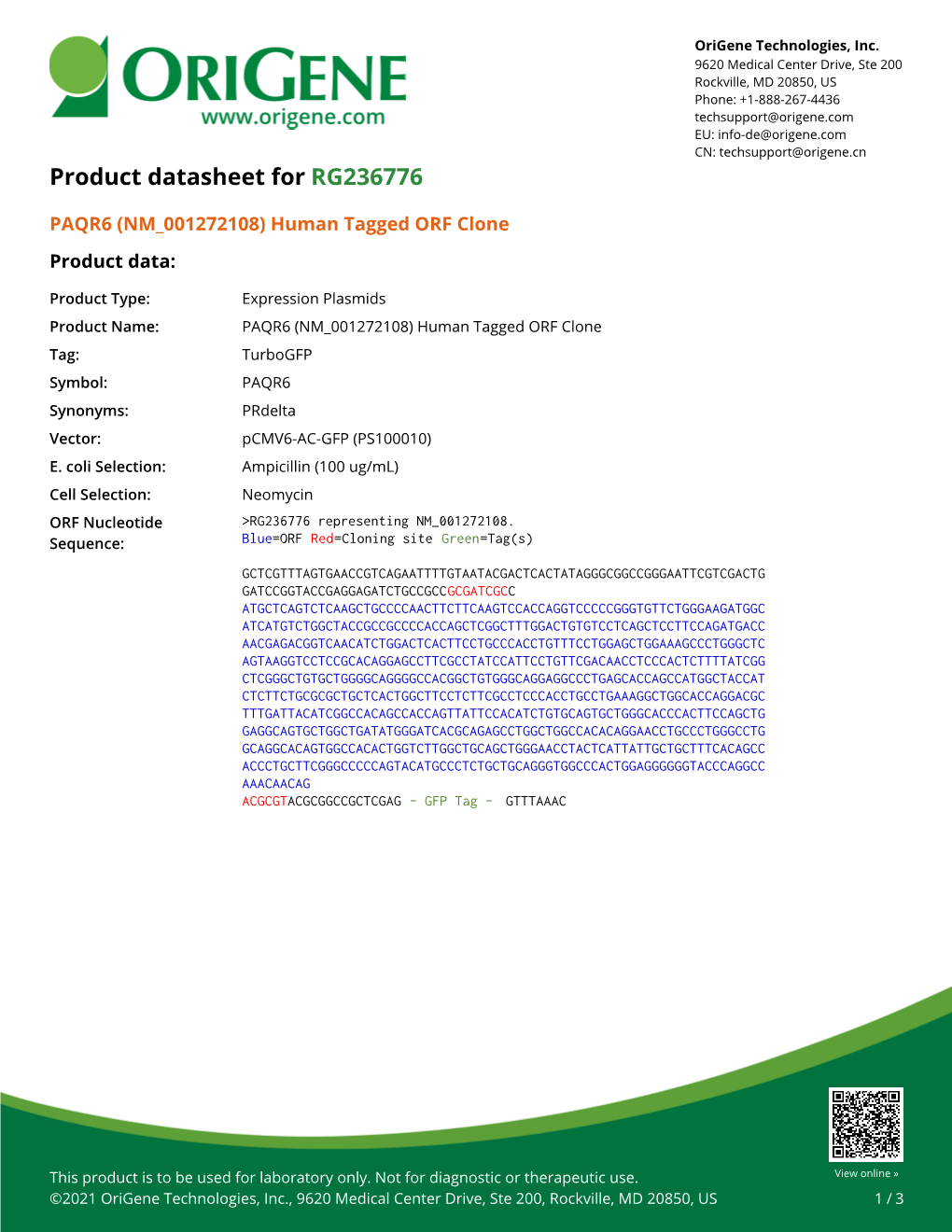 PAQR6 (NM 001272108) Human Tagged ORF Clone – RG236776