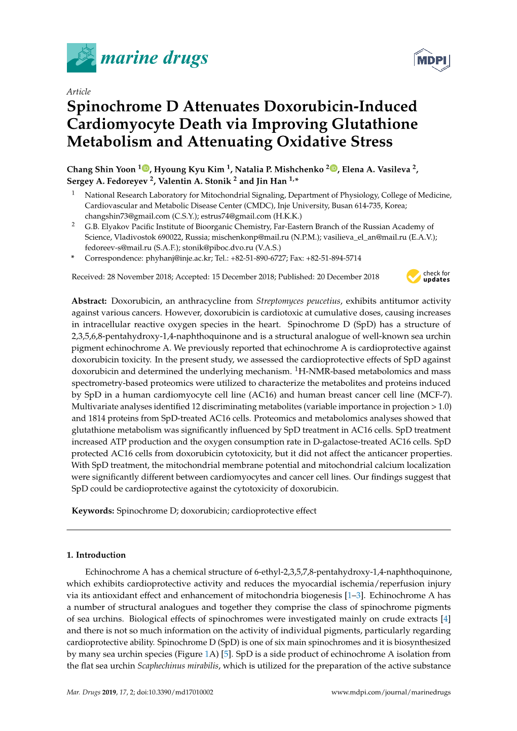 Spinochrome D Attenuates Doxorubicin-Induced Cardiomyocyte Death Via Improving Glutathione Metabolism and Attenuating Oxidative Stress