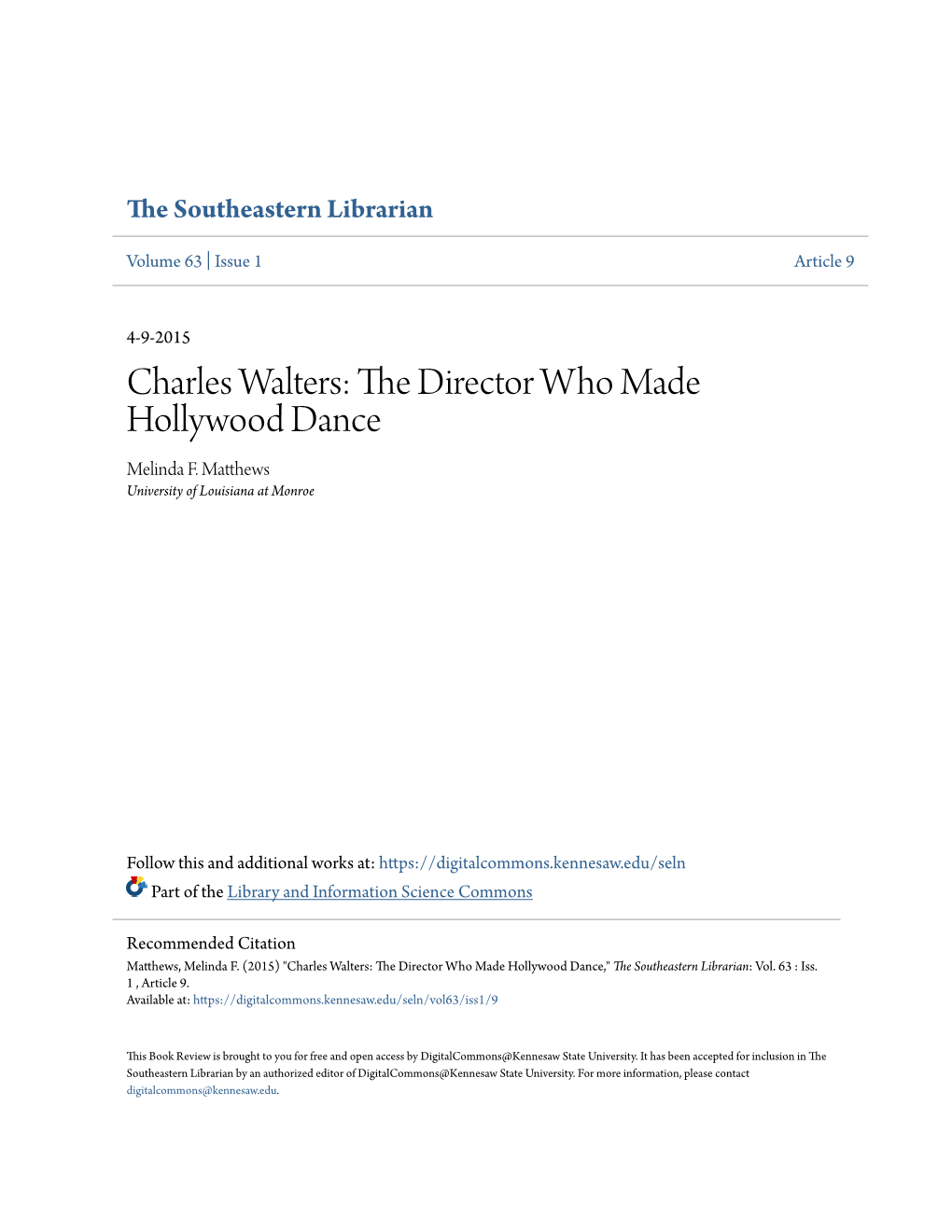 Charles Walters: the Director Who Made Hollywood Dance Melinda F