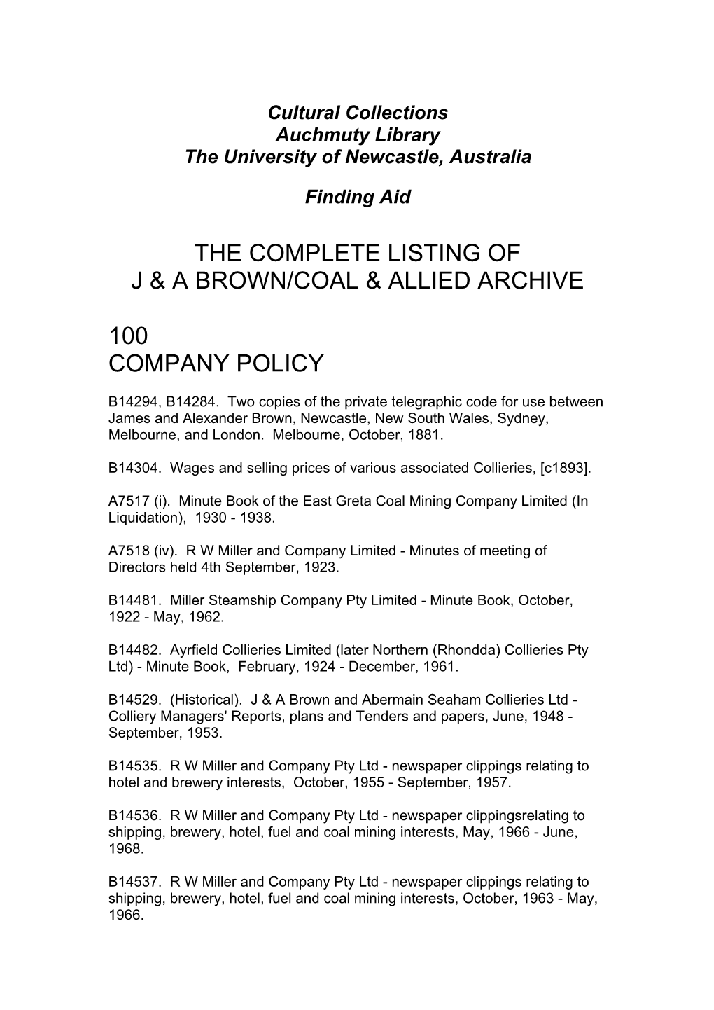 J & a Brown, Coal and Allied Archive Finding