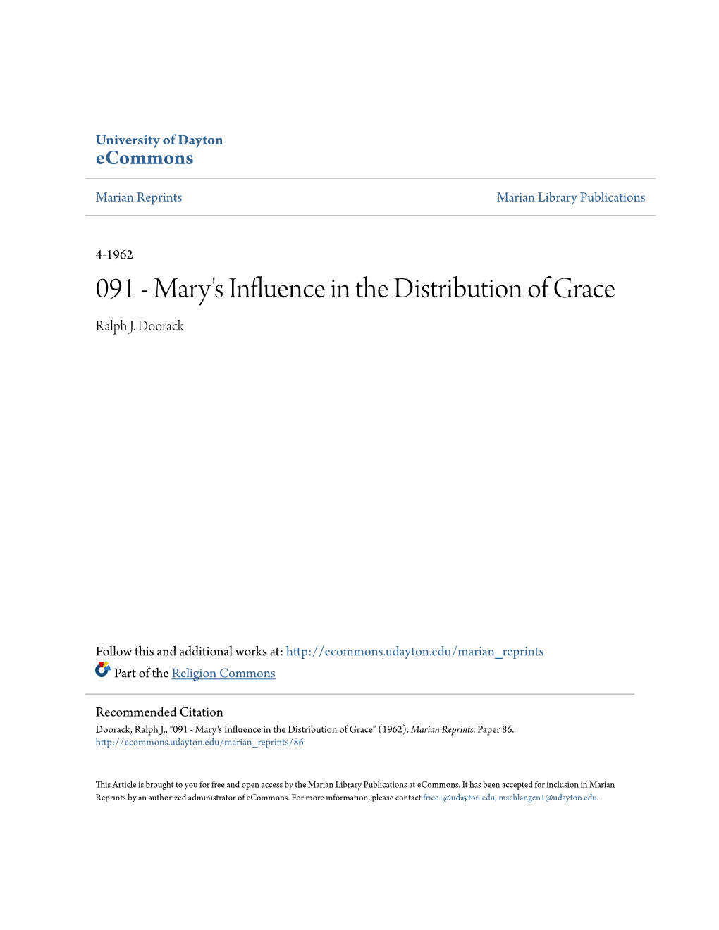 Mary's Influence in the Distribution of Grace Ralph J
