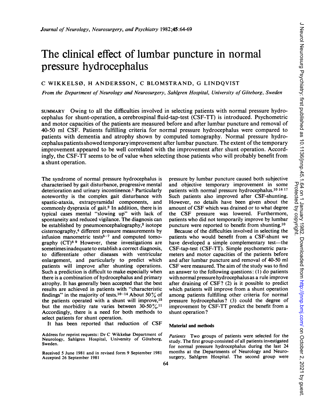 The Clinical Effect of Lumbar Puncture in Normal Pressure Hydrocephalus