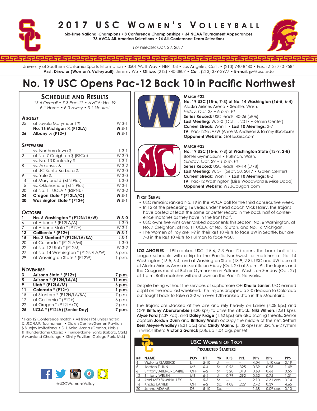 No. 19 USC Opens Pac-12 Back 10 in Pacific Northwest