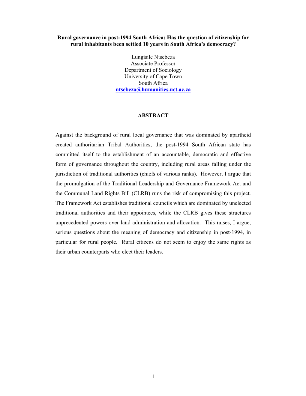 1 Rural Governance in Post-1994 South Africa