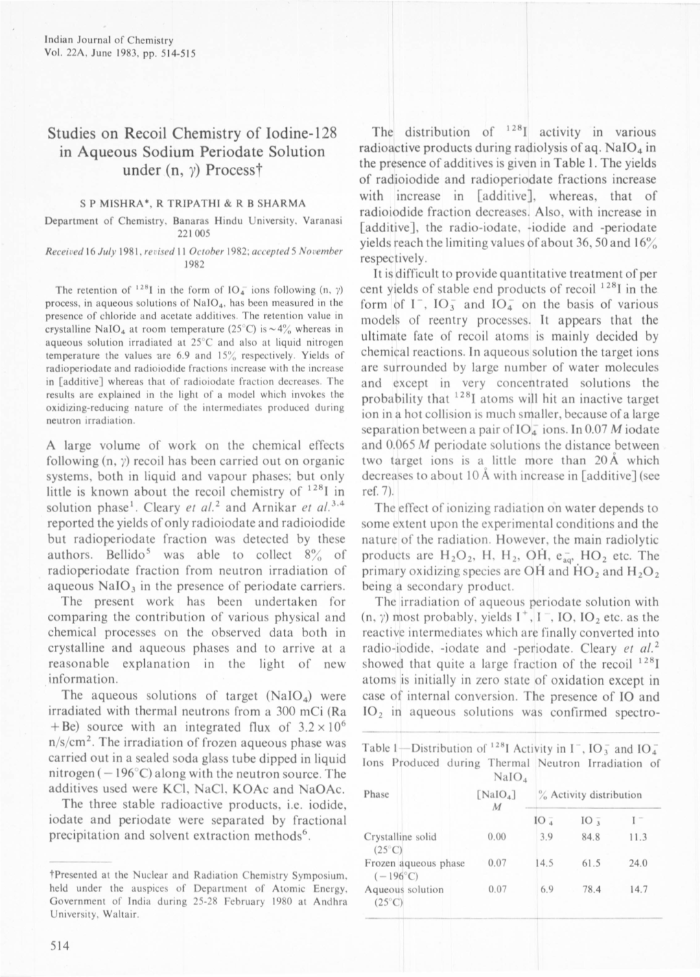 Studies on Recoil Chemistry of Iodine-128 in Aqueous