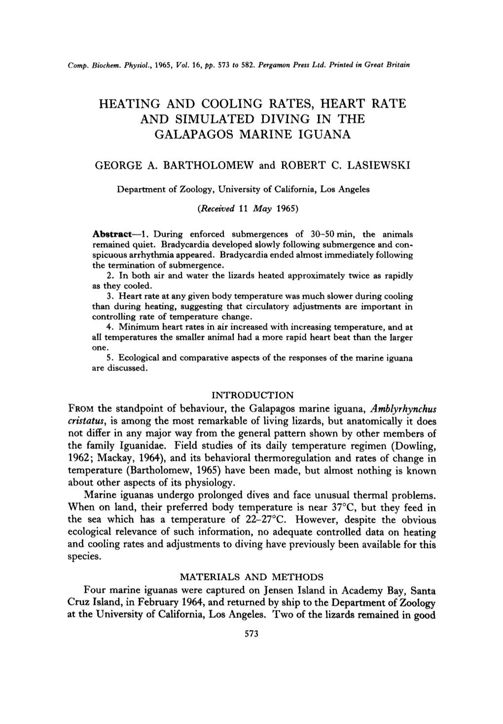 Heating and Cooling Rates, Heart Rate and Simulated Diving in the Galapagos Marine Iguana