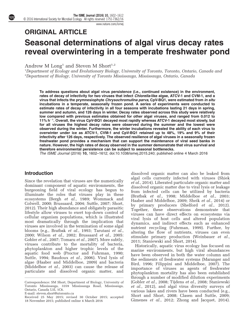 Seasonal Determinations of Algal Virus Decay Rates Reveal Overwintering in a Temperate Freshwater Pond