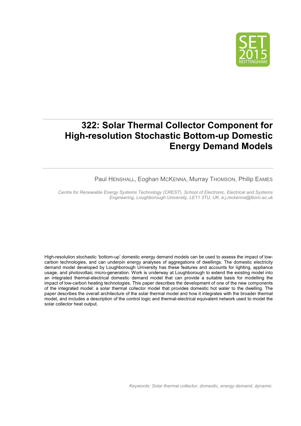 Solar Thermal Collector Component for High-Resolution Stochastic Bottom-Up Domestic Energy Demand Models