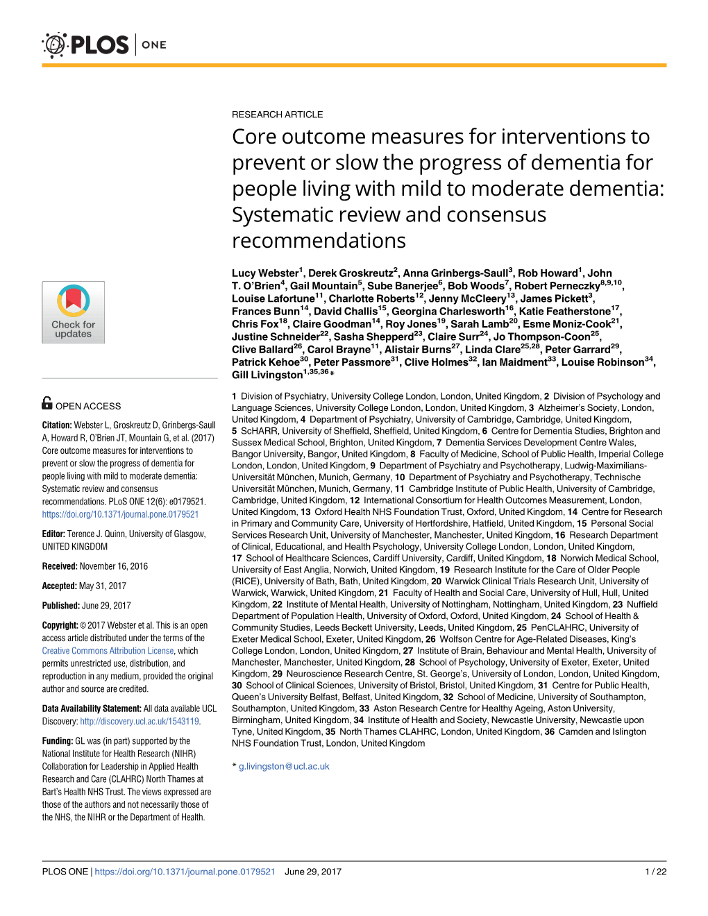 Core Outcome Measures for Interventions to Prevent Or Slow the Progress of Dementia for People Living with Mild to Moderate Deme