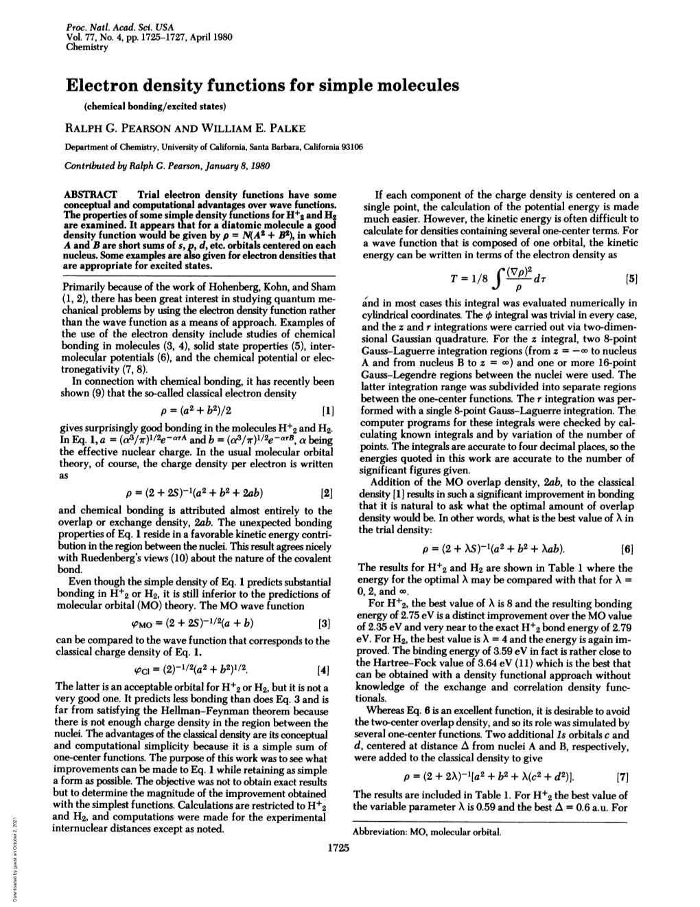 Electron Density Functions for Simple Molecules (Chemical Bonding/Excited States) RALPH G