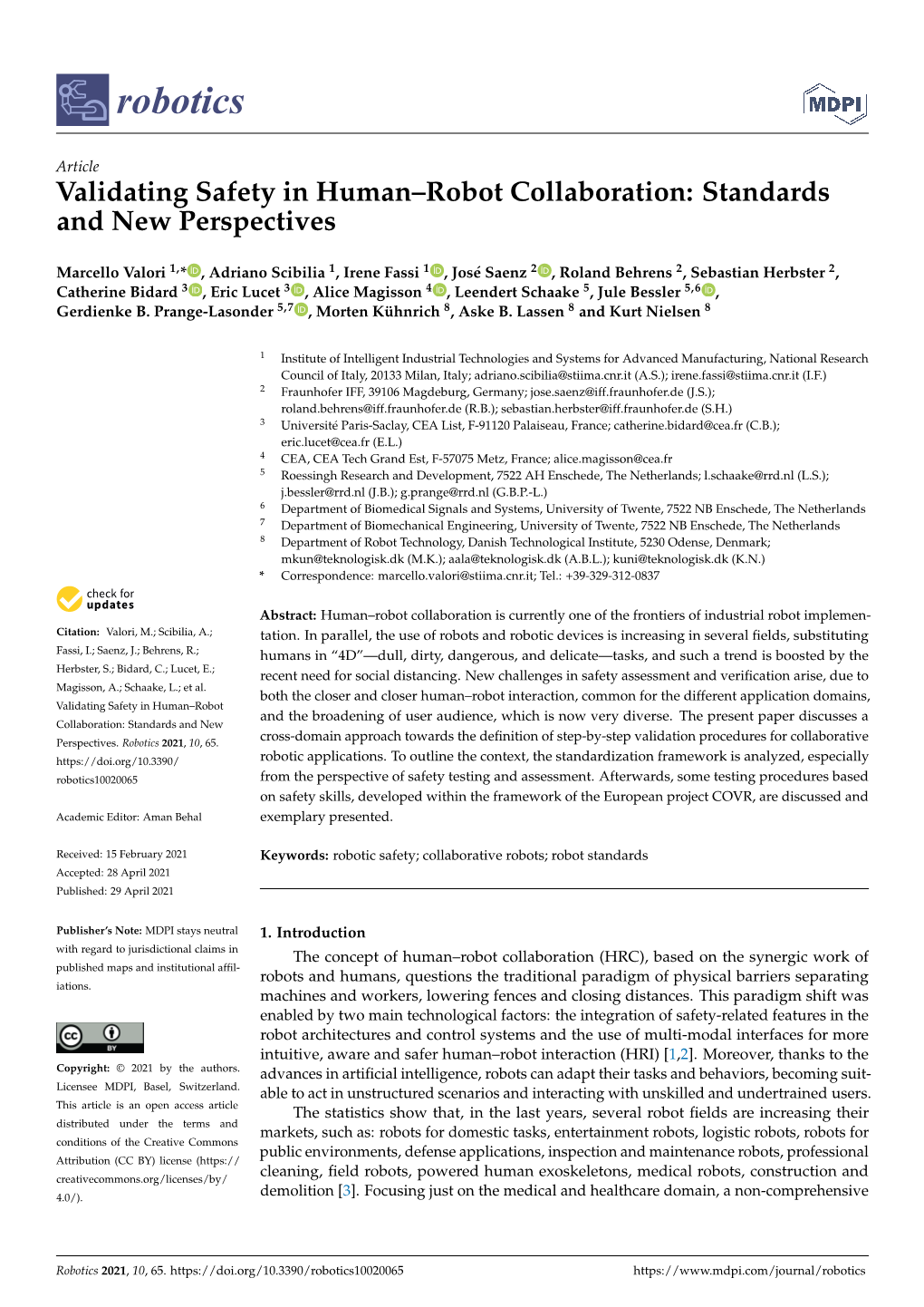 Validating Safety in Human–Robot Collaboration: Standards and New Perspectives