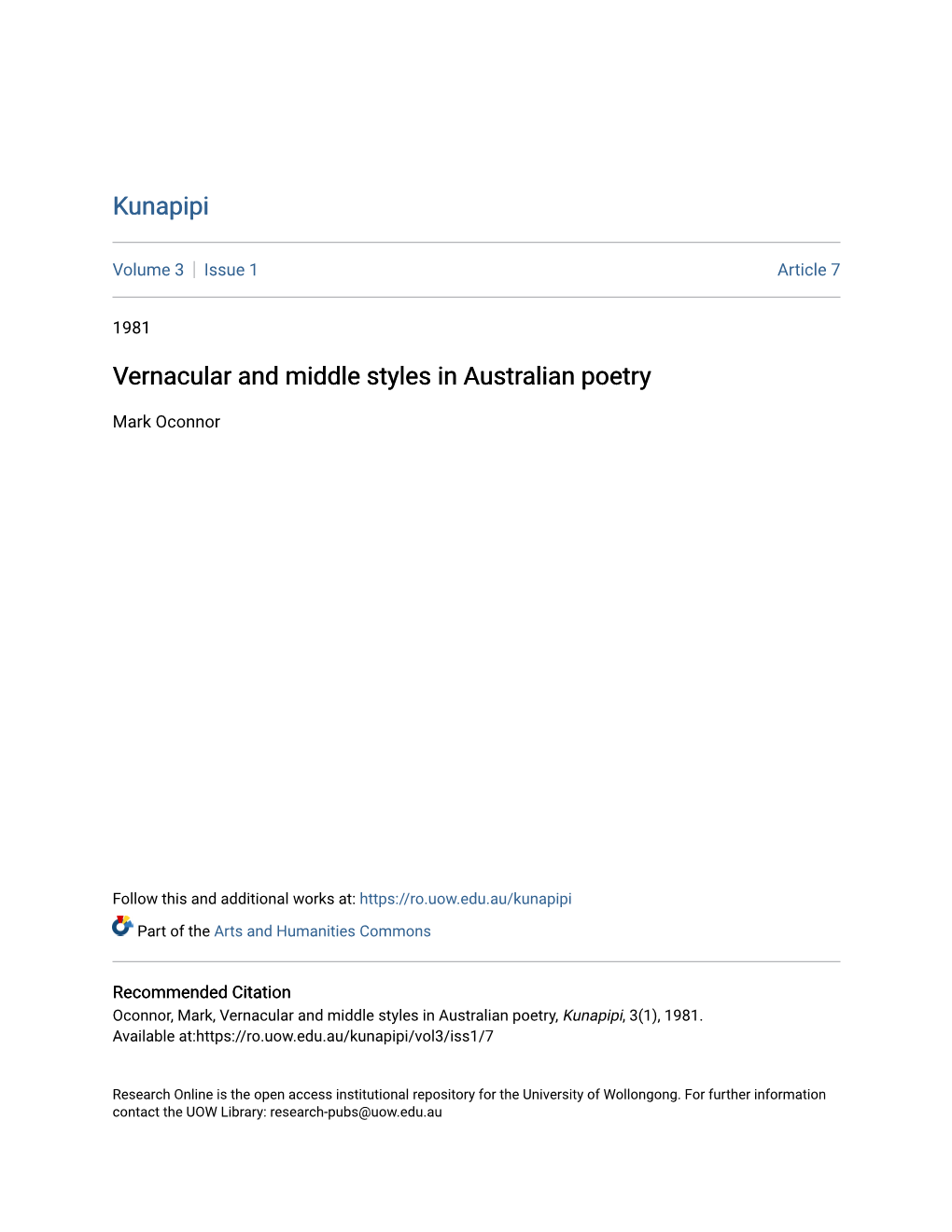 Vernacular and Middle Styles in Australian Poetry