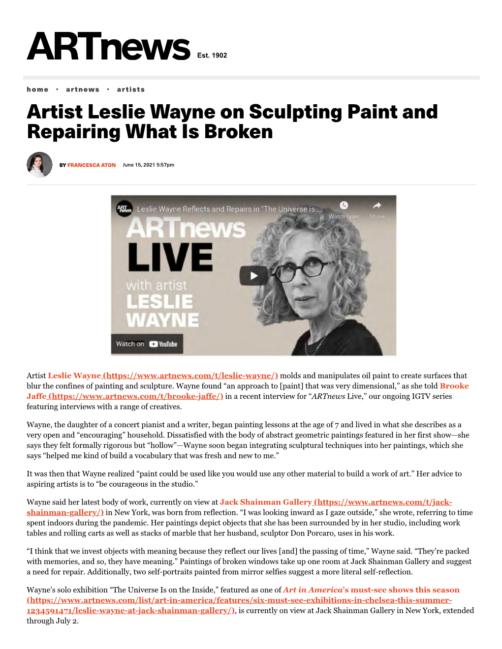 Leslie Wayne on Sculpting Paint and Repairing What Is Broken