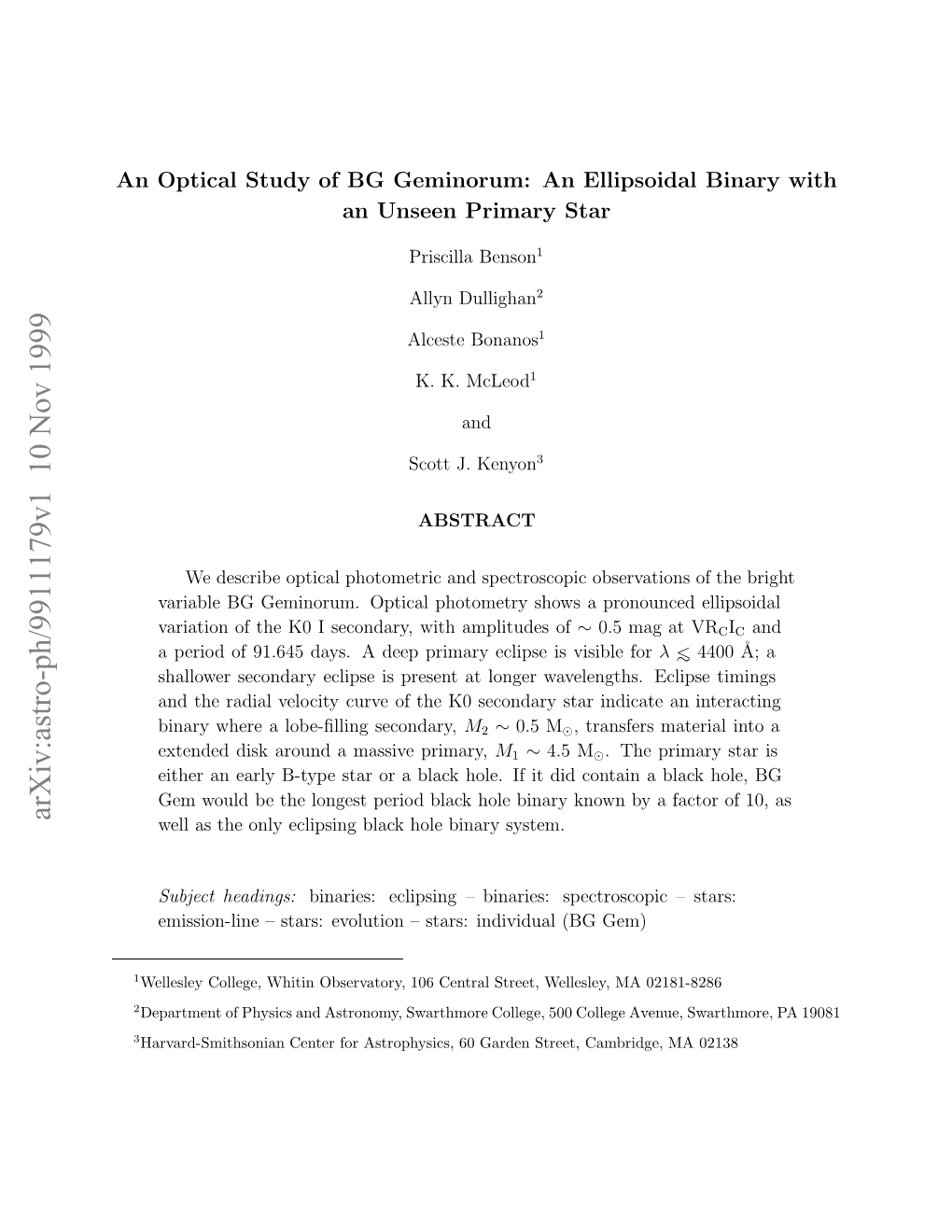 An Optical Study of BG Geminorum: an Ellipsoidal Binary with An