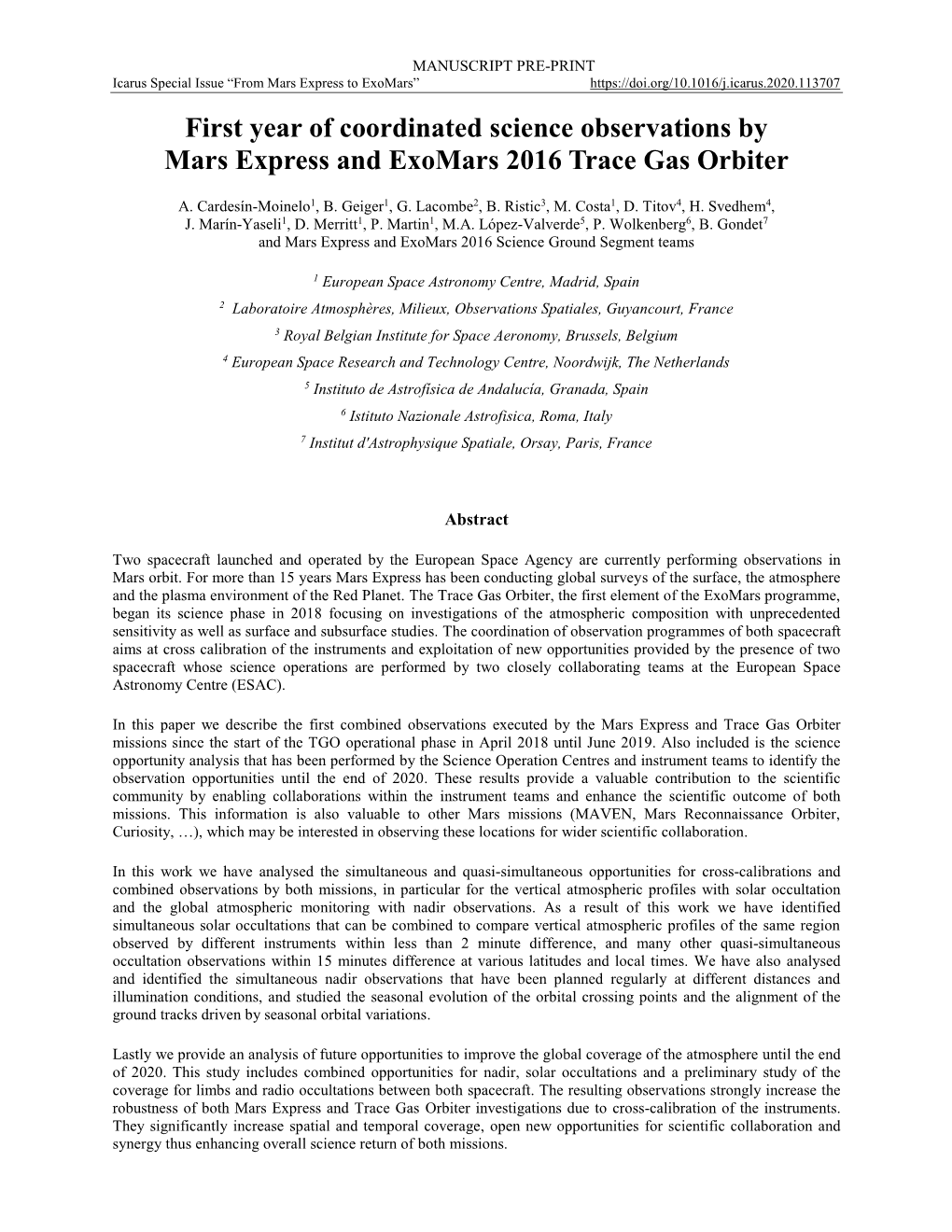 First Year of Coordinated Science Observations by Mars Express and Exomars 2016 Trace Gas Orbiter