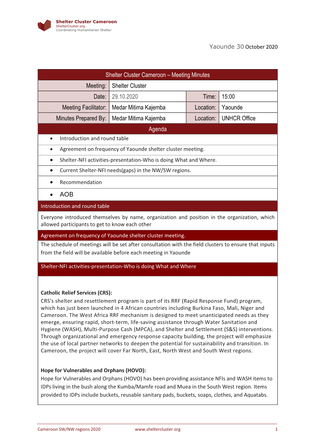 Shelter Cluster Cameroon – Meeting Minutes Meeting: Shelter Cluster