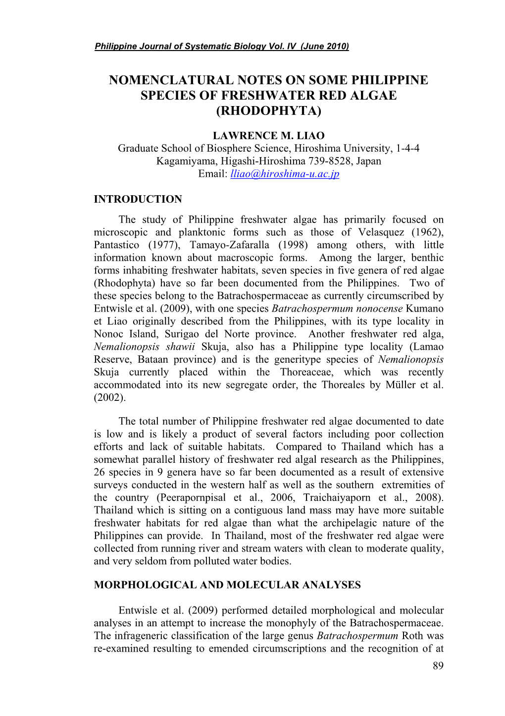 Nomenclatural Notes on Some Philippine Species of Freshwater Red Algae (Rhodophyta)