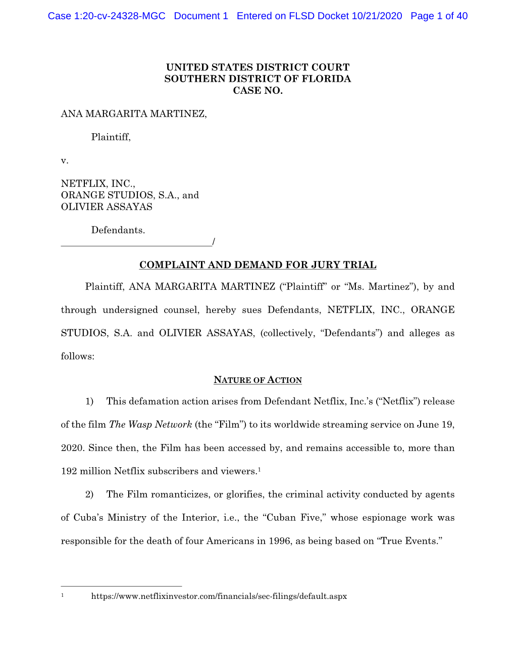 Case 1:20-Cv-24328-MGC Document 1 Entered on FLSD Docket 10/21/2020 Page 1 of 40